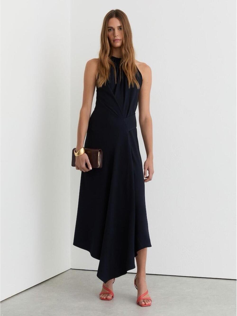 New REISS Maeve Drape-Detail Sleeveless Midi Dress in Navy Sz 10 $320